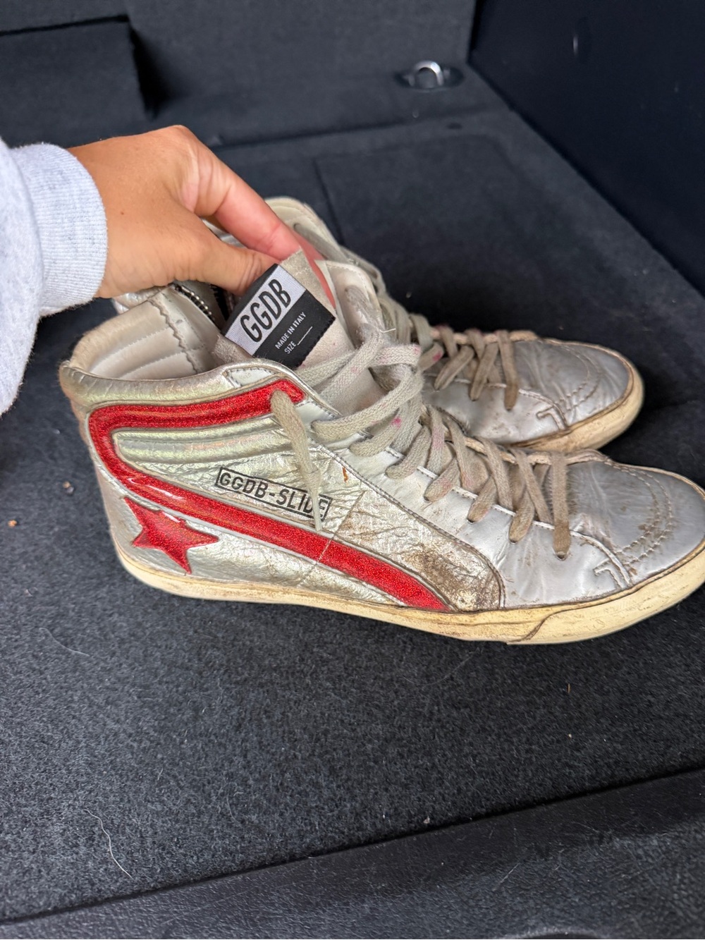 Golden Goose Metallic Silver High-Top Sneakers with Red Star Accent